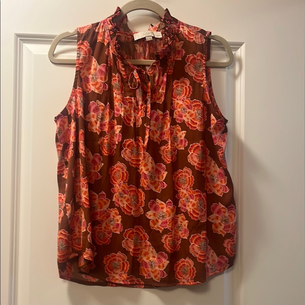 LOFT Orange and Pink Pleated Sleeveless Blouse with Mandarin Collar